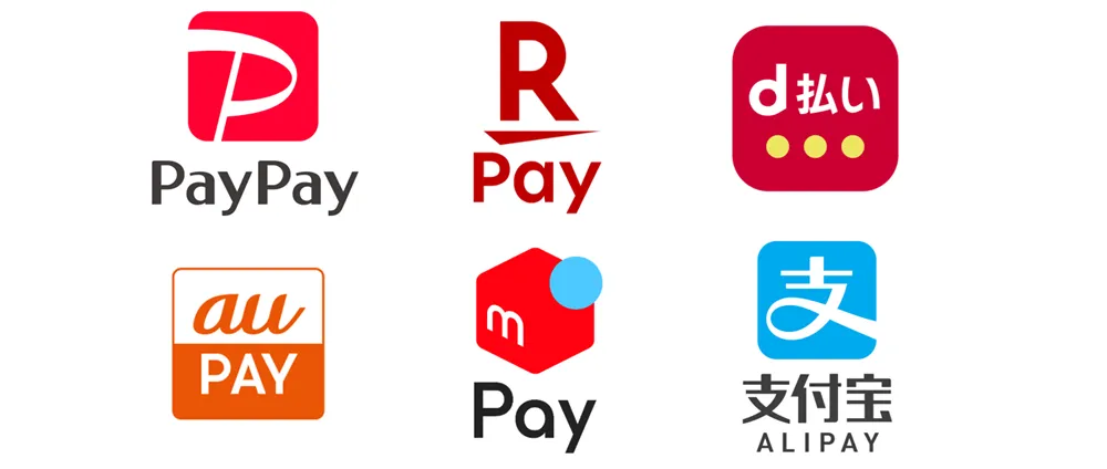 QRコード決済　PayPay、楽天Pay、d払い、メルペイ、auPay、ALIPAY、HIVEXが使えます